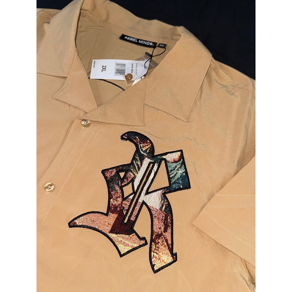Rebel Minds Mens 2XL Beige Rebel Life Tapestry Graphic Short Sleeve Button Shirt